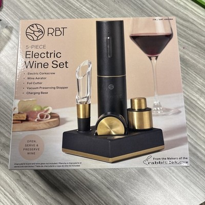Rabbit 5 Piece Electric Wine Aerator & Corkscrew Set Black & Gold