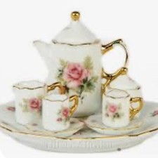 Miniature Elegant Floral Porcelain Tea Set with Gold Trim - Pink Rose 10 pieces