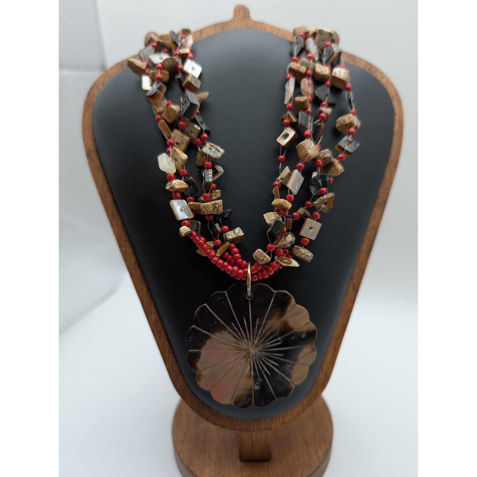 Sonoma Red Beaded Multi Strand Necklace Mother of Pearl Shell Pendant Boho