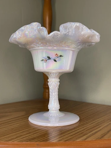 Fenton Art Glass White Iridescent Ruffled Rim Candy Dish Compote Barbour Signed