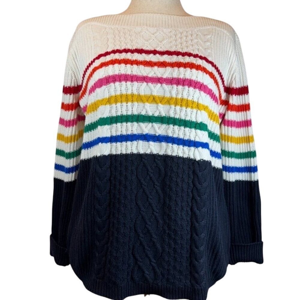 Tommy Hilfiger Chunky Cable Knit Rainbow Boatneck Sweater Large Fisherman Style
