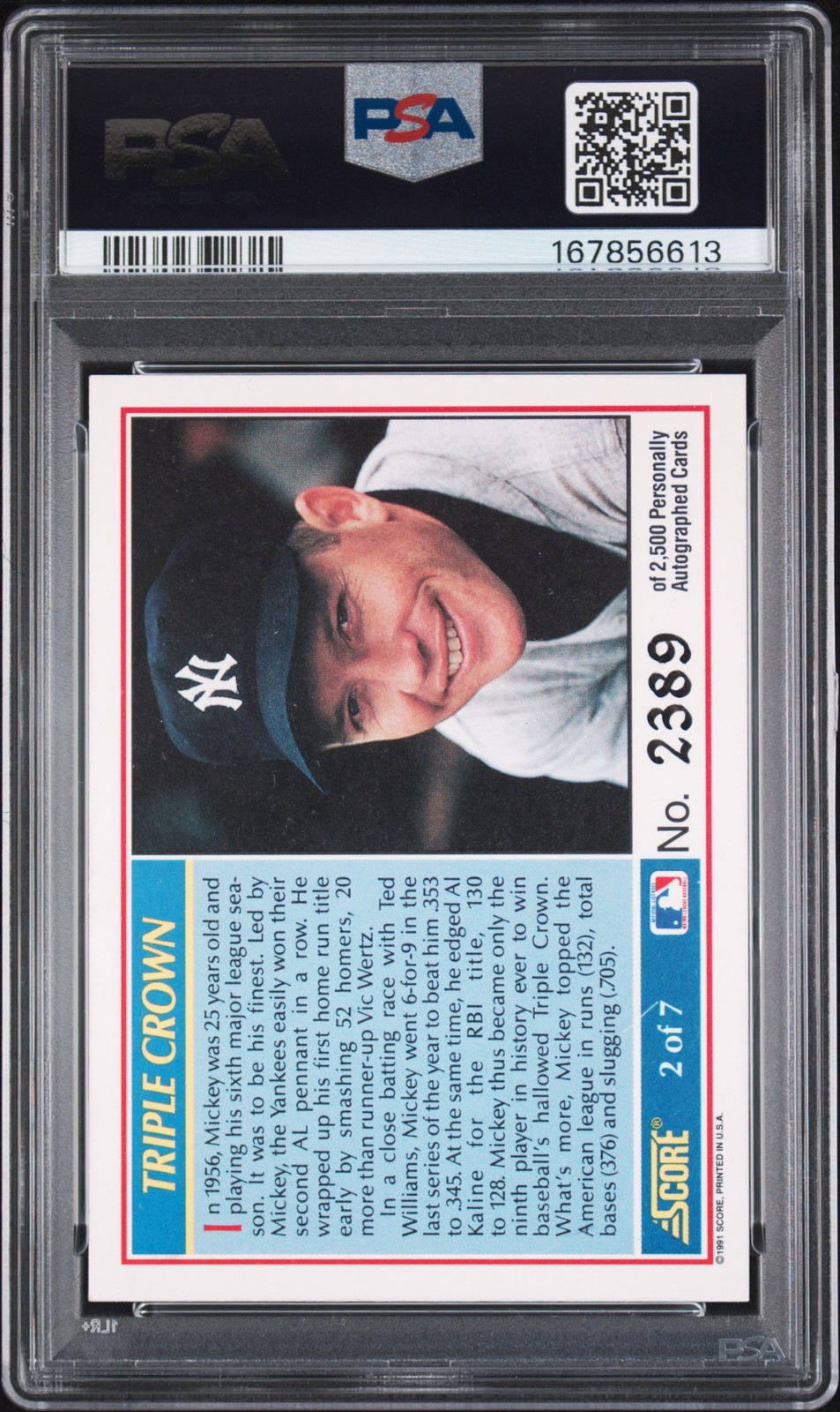 1991 SCORE TRIPLE CROWN AUTO #2 MICKEY MANTLE 2389/2500 PSA 6 DNA AUTO 7 view 2