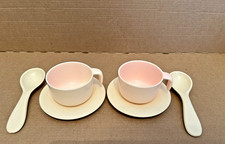 Vtg Two Sets Cream Pink Cups Saucers Spoons 1982 Lanyard Toys Hong Kong