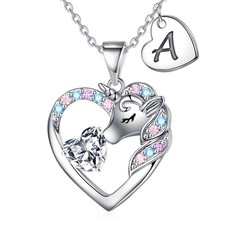 Turandoss Silver Heart Initial Zircon Unicorn Necklace for Kids 4 -13, 18 2.5In