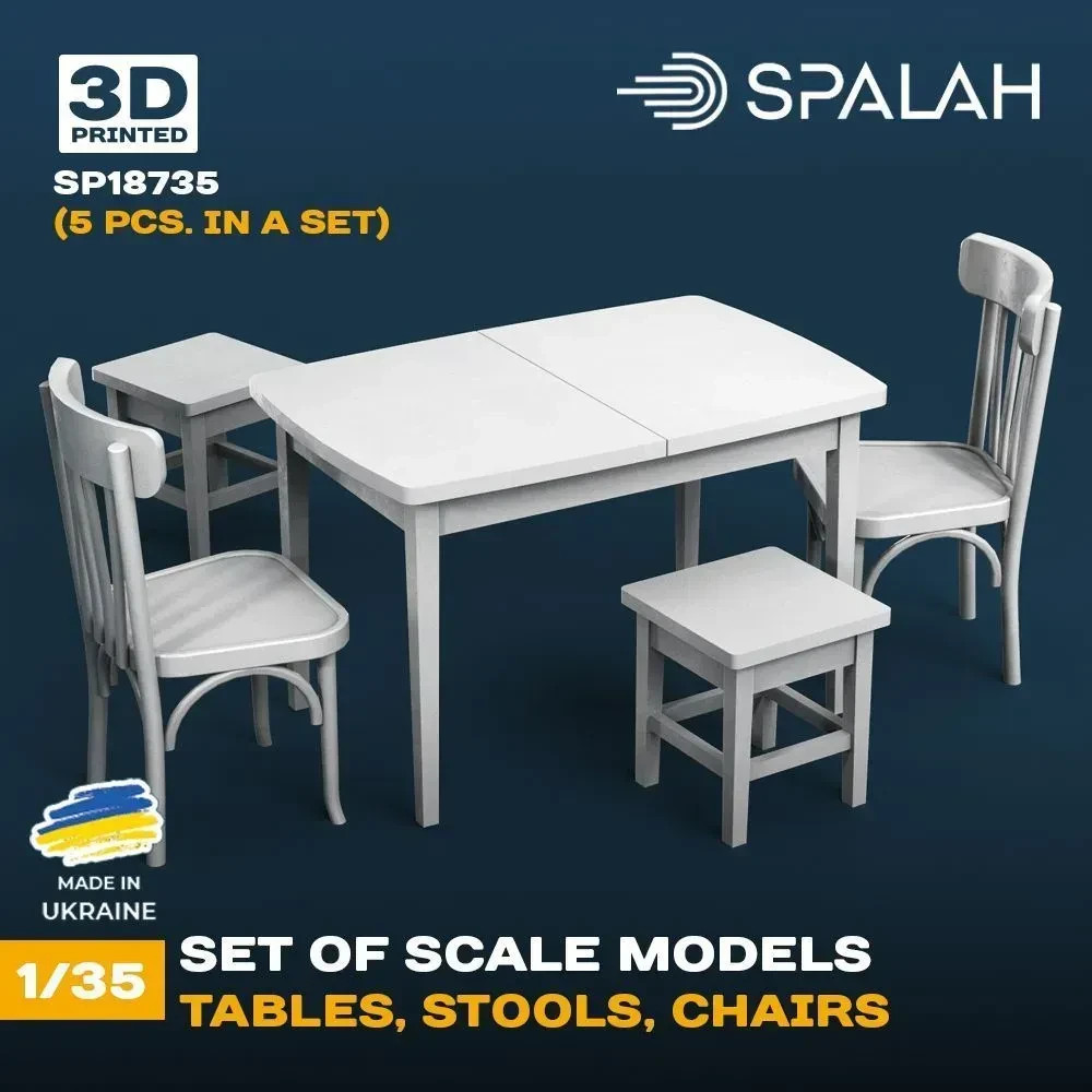 1:35 Scale Diorama Table Set with Stools & Chairs – 5-Piece Model Kit SP18735