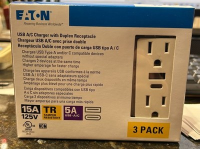 EATON TRUSBAC15W-3-LW USB A/C CHARGER DUPLEX RECEPTACLE 15A 5A-USB NEW PACK OF 3