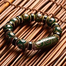 Tibetan Green Turtle Pattern Nine Eye Dzi Bead Bracelet Agate Stone Buddhist