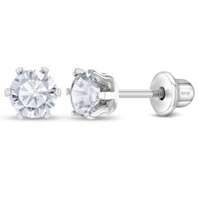 925 Sterling Silver 4mm Round CZ Prong Set Screw Back Earrings Girls Teens