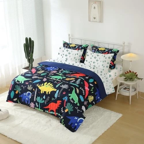 Kids Boys Comforter Set Size 7 Piece Bed in a Bag Colorful Dino Full Dinosaur - Image 3 of 4