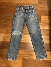 American Eagle Women's Super High-Rise Straight Blue Distressed Jeans Size 0