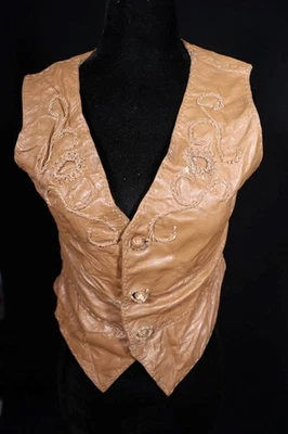 Gilet En Cuir Marron Fait Main Vintage 1960's-1970's Taille Petit - Photo 1/3