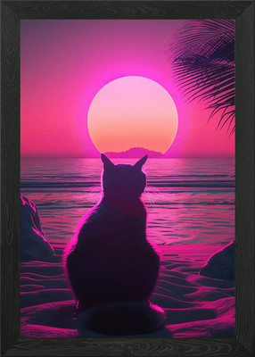 Katze Tier Retro Sonnenuntergang gerahmtes Wandbild Poster Leinwanddruck Bild