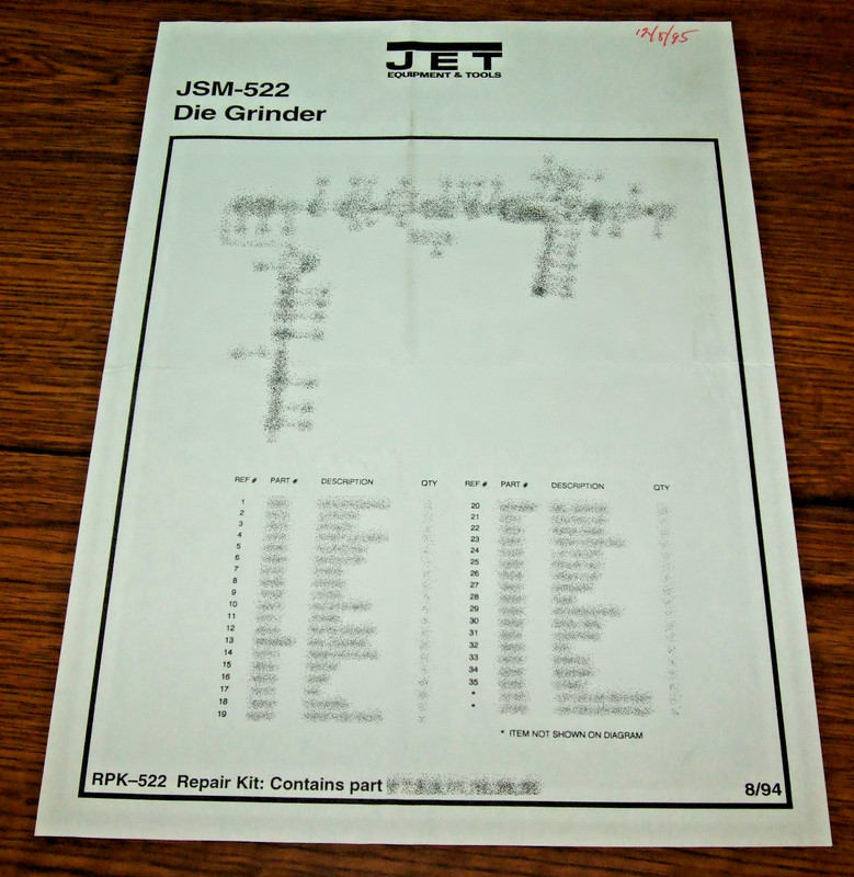 Jet Equipment & Tools Air JSM-522  Die Grinder Part Numbers Description Assembly