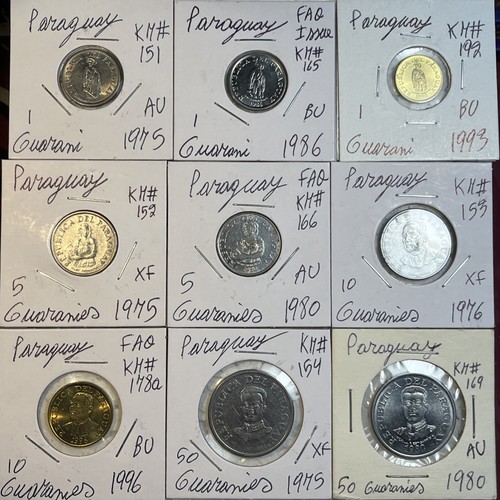 PARAGUAY 1975 - 1996 One 1, 5, 10, and 50 Guaranies XF - BU Condition 9 Coin Lot