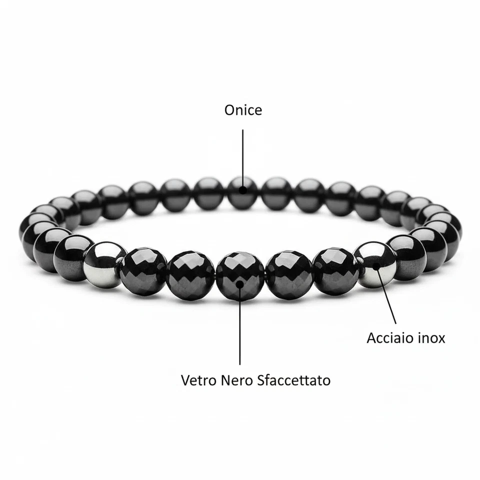 Bracciale Nero Pietre dure Onice e Perle in Acciaio inox braccialetto Uomo Donna - Immagine 4 di 4