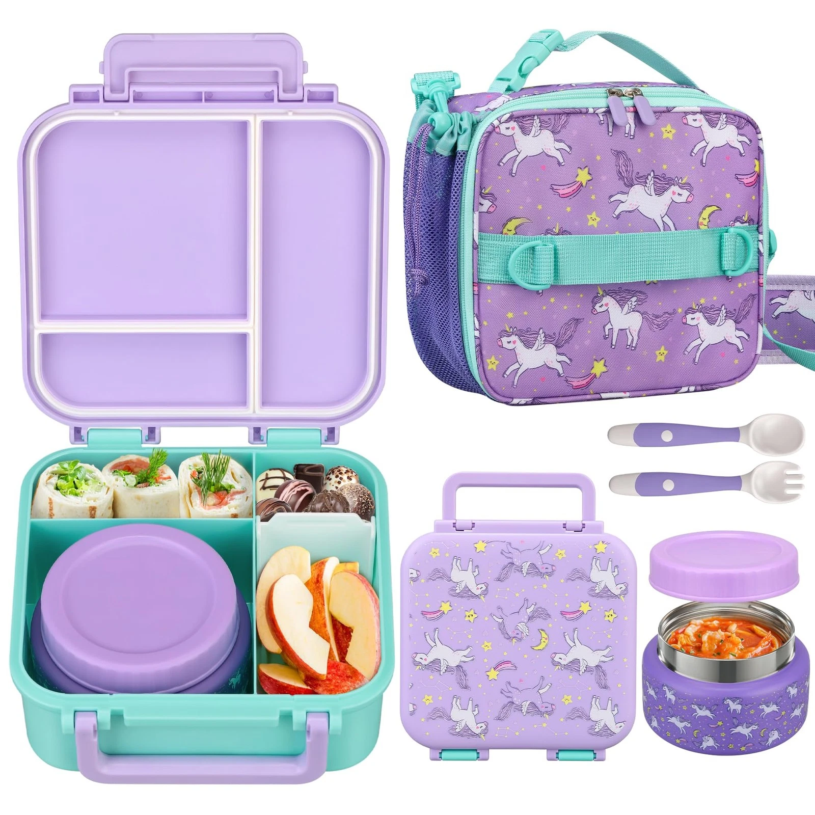 Kids Lunch Box Set with Bento Box, 9oz Stainless Steel Thermos & Insulated Lu...