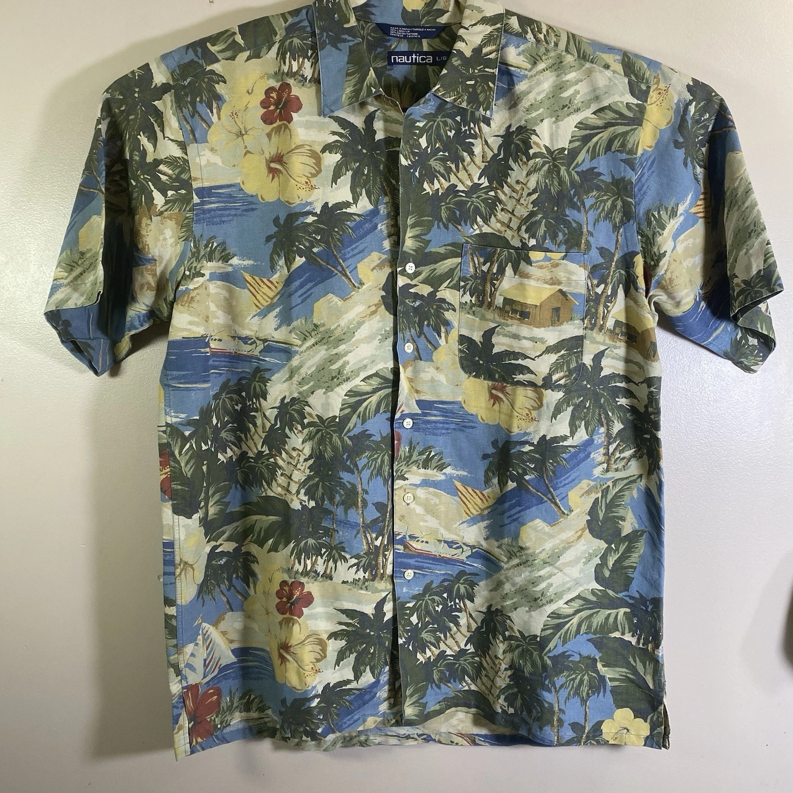 Nautica Shirt Men Large Green Floral Hawaiian Linen Blend Button Up Tropical