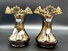BOHEMIA Crystalex Gold Trimmed Two Hand Painted Brown Vases