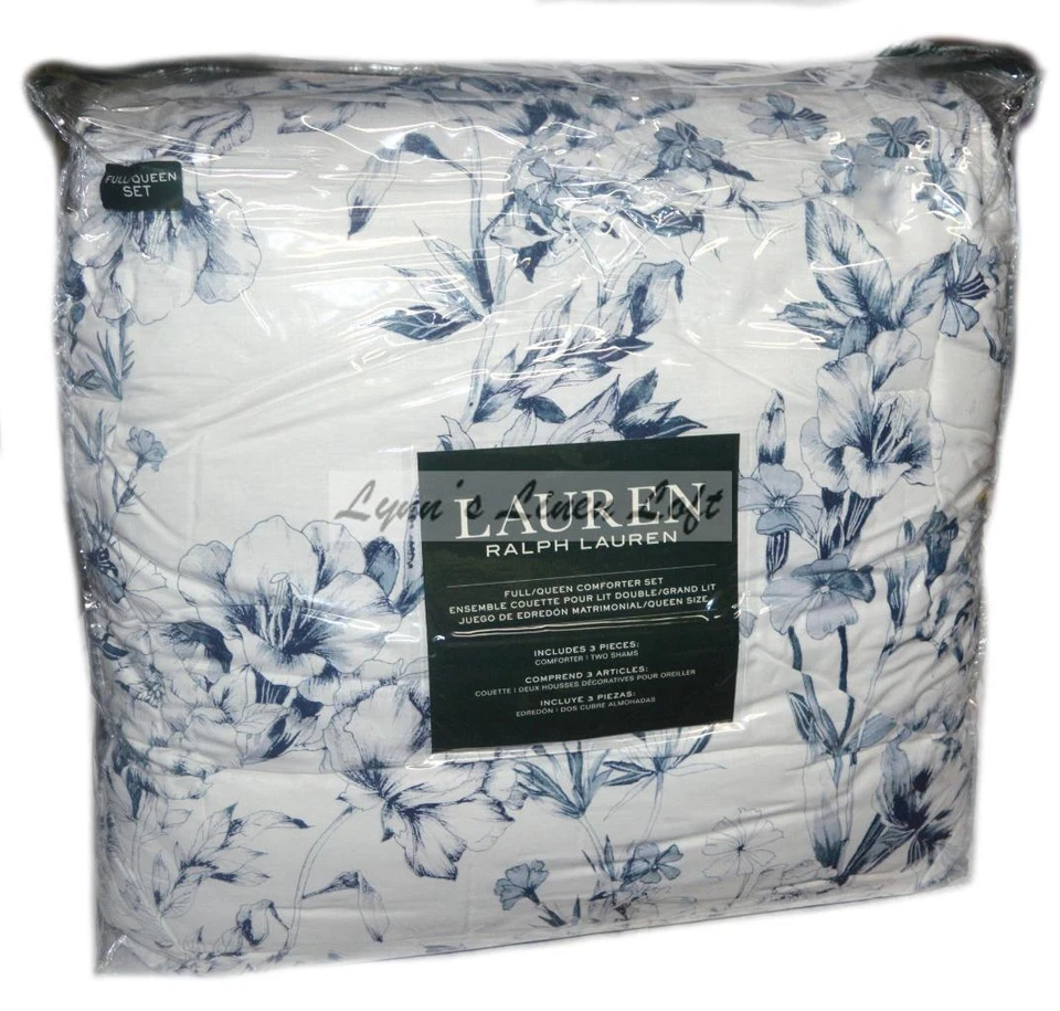 RALPH LAUREN Lovett Blue Floral 3P Full Queen Comforter Set Shams Cotton New