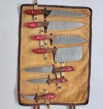 7pc Professional Damascus Steel Kitchen Knives  Set with Leather roll Bag.ZEE-26