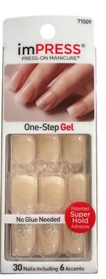 ImPRESS ON FIRE 30 Nails Short Square French Tip Natural Silver Glitter Accents