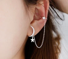 Silver Moon Earring with Chain Northern Star Ear Cuff, CZ Crescent Moon Earrings