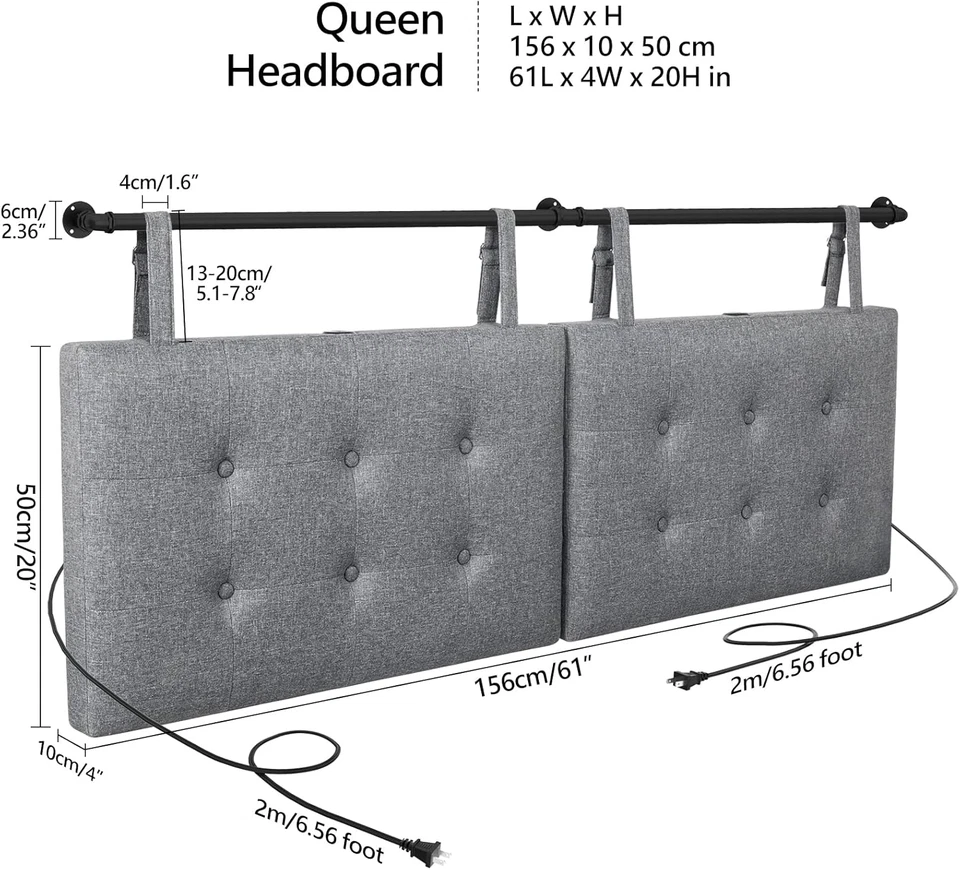 Cabecero de Montaje en Pared con Puerto USB Solo para Cama Queen Size, Cabeceros con Adju Foto 3 de 4
