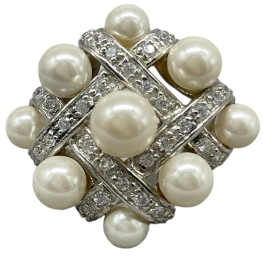 ANELLO DONNA CUPOLA DI PERLE E PIETRE ARGENTO 925 ELEGANTE VINTAGE 11,22Gr Mis16 - Immagine 2 di 4