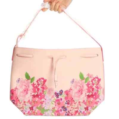 Ester Lauder Wild Blossom Pink Floral Drawstring Shoulder Bucket Bag Tote Purse