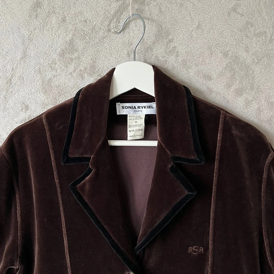 Sonia Rykiel 棕色天鹅绒西装外套中号设计师夹克金色纽扣黑色装饰 — 第 2/4 张图片