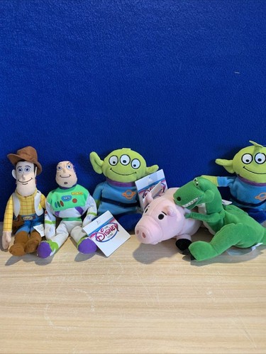 (6) Disney Store Toy Story Buzz, Woody, Rex, Hamm, 2 ALIENS Plush Bean Bags NWT