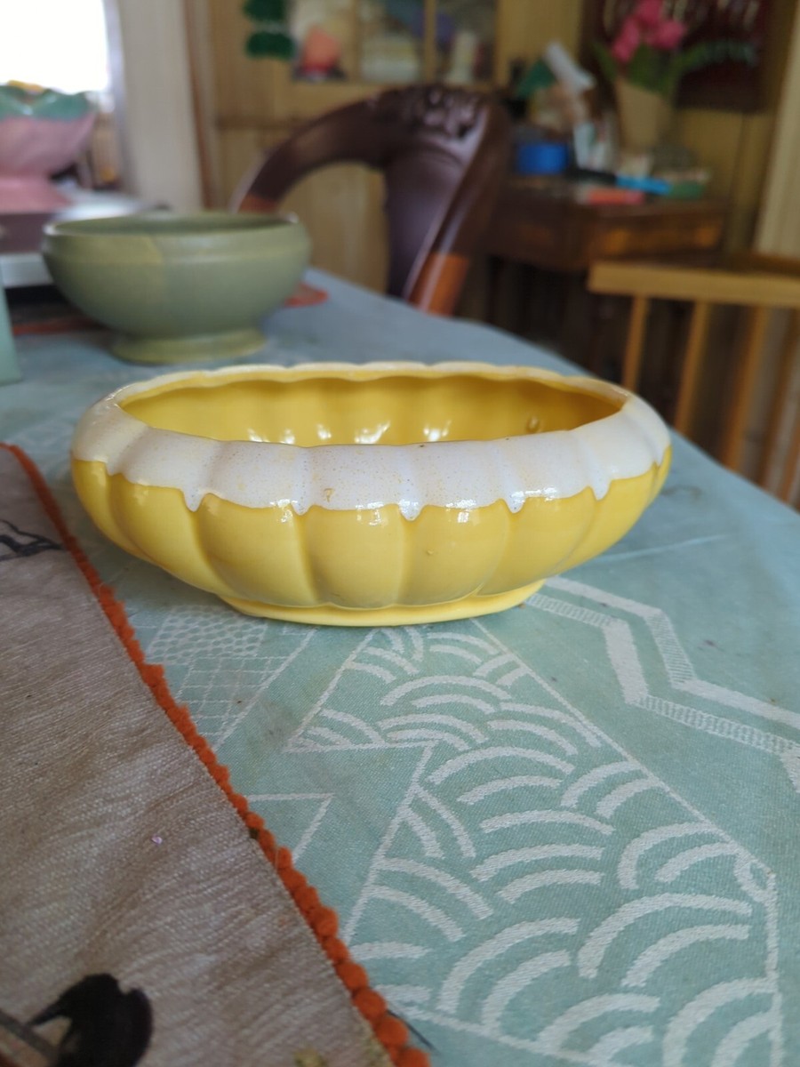 yellow and white drip Ribbed ceramic oval planter scalloped vintage  succulents | eBay