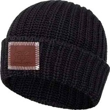 Love Your Melon Unisex Black Leather Patched Cuffed Beanie, Black, One Size