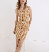 MADEWELL MUSTARD GINGHAM CHECK PRINT JACQUARD BUTTON-FRONT MINI DRESS Sz S