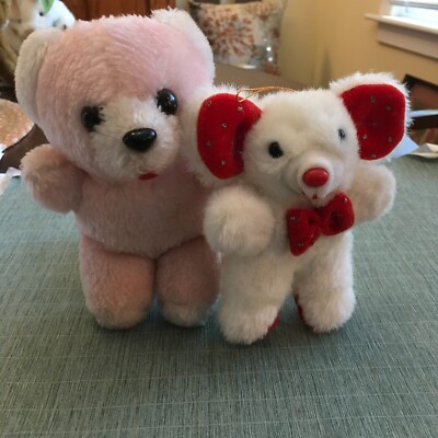 Vintage 70's/80's Plush Mini Teddy Bear & Mouse, Made in Korea Dan-Dee, 7'' & 6''