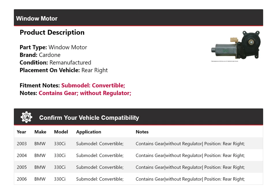 Motor ventana trasera derecha cardone 2004 2005 convertible BMW 330Ci 2003-2006 Foto 2 de 4