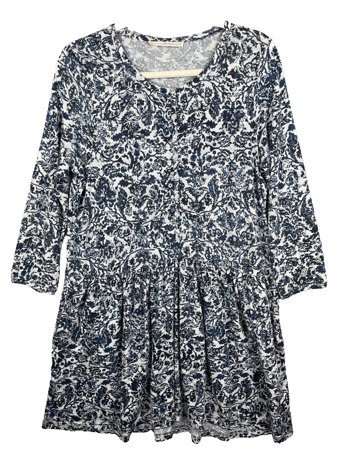 Peruvian Connection Dress Small Blue Floral Half Button Cottage Core Pockets