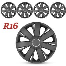 16" Set Of 4 Wheel Hub Caps Cover Replacements R16 Tire & Steel Rim Black Gray