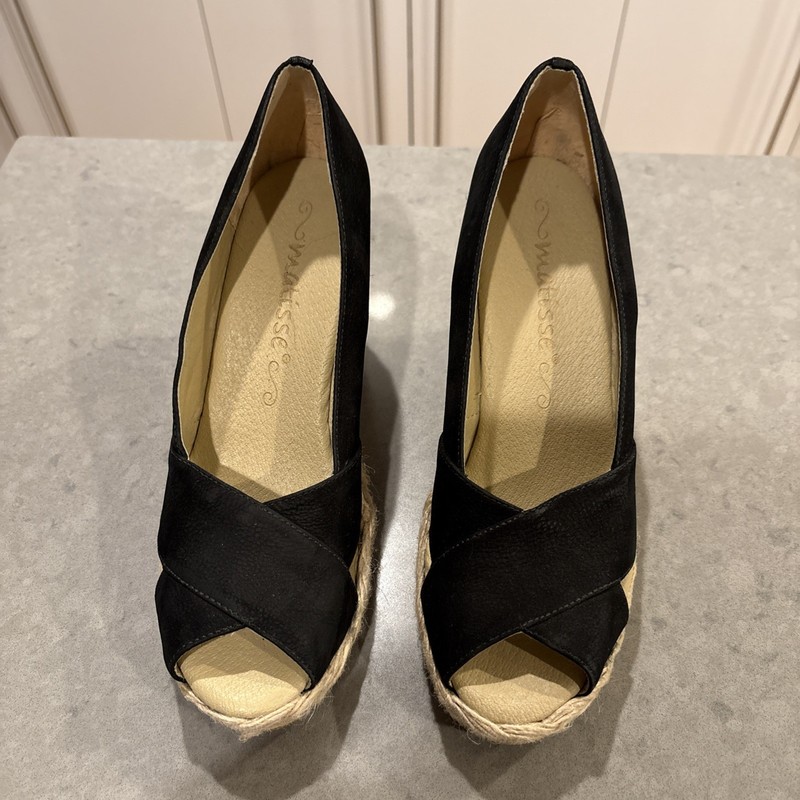 Matisse Rita Black Suede Espadrille Peep Toe Wedges