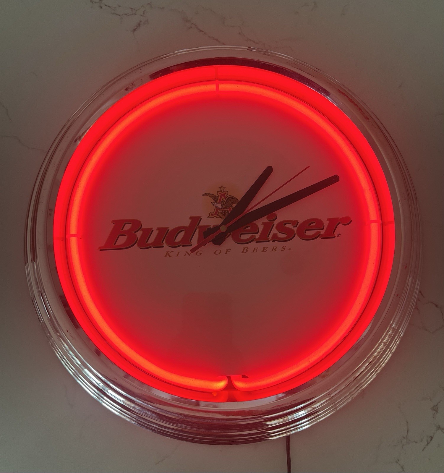 Budweiser King Of Beers Red Neon Light Up 15” Wall Clock Bar Man Cave