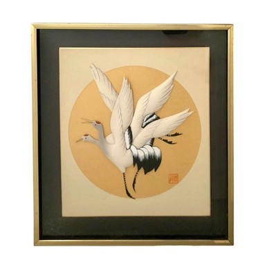 Bird Art Crane 3D Paper Relief in Shadow Box Frame Signed Vintage Japanese Decor