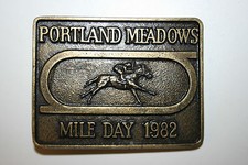 Vintage Portland Meadows 1982 Mile Day Horse Racing Brass Belt Buckle Rare