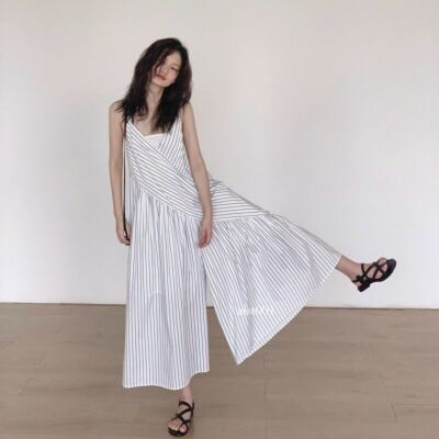 Casual Striped Suspender Dress for Womens Summer Loose Wide Leg Pants  Jumpsuit
