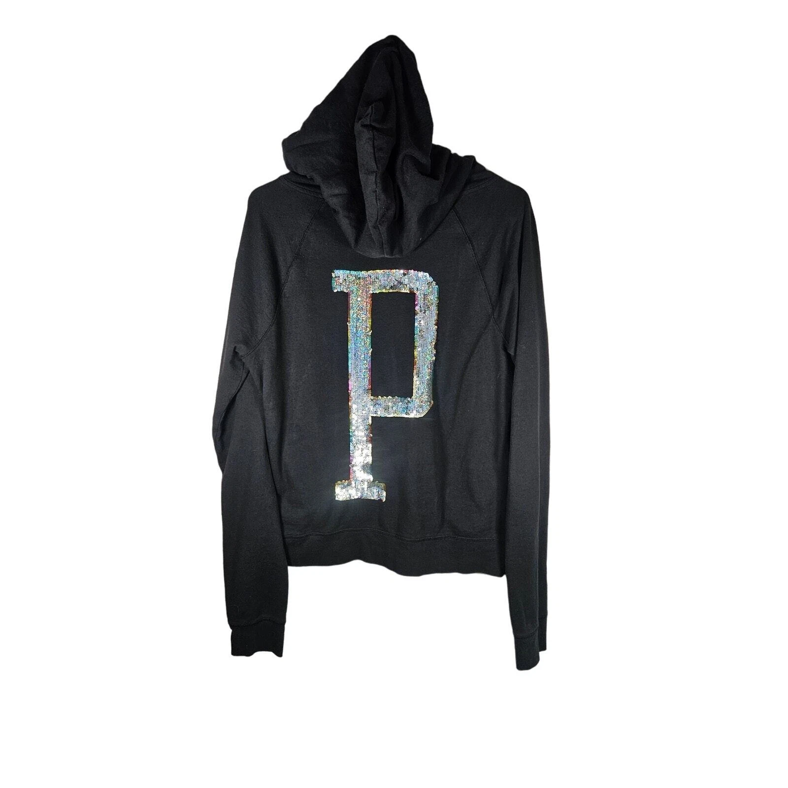 UNDERCOVER Felpa con cappuccio Victoria's Secret rosa Y2K nera paillettes arcobaleno grande scintillante zip anteriore