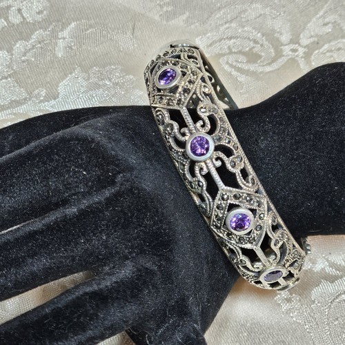 Armband Jonc Art Deco Stil 925 Silber gearbeitet Amethysten Markasiten Öffnen - Bild 15 von 24