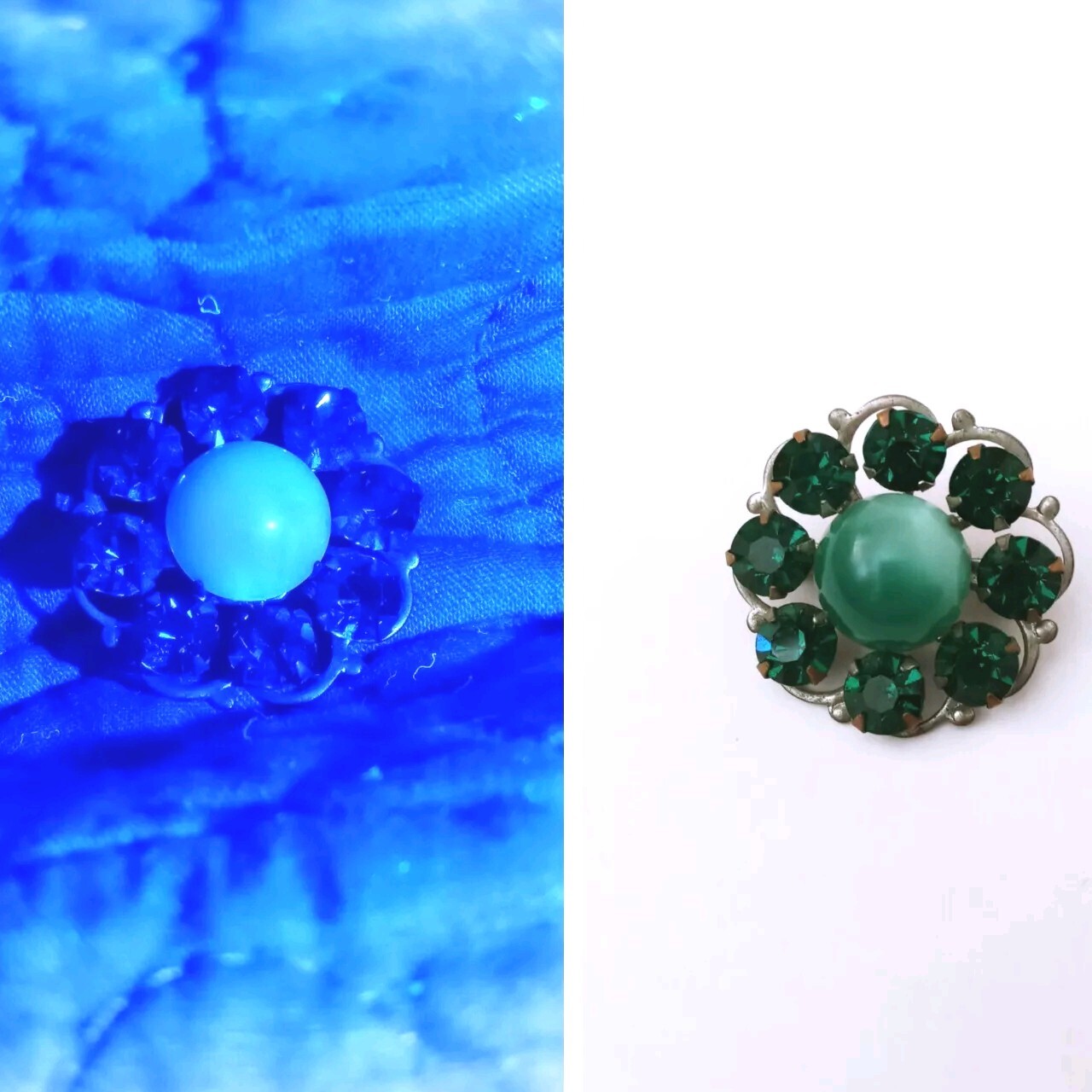 Vintage Green Uranium Vaseline Glass Rhinestone Brooch Rivet Reactive Dainty 1