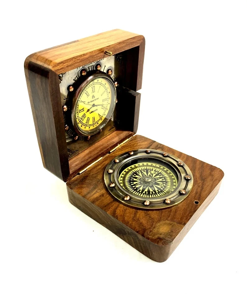 Vintage Wooden Engraved Clock & Compass Antique Nautical Decorative Compass Gift Foto 4 de 4