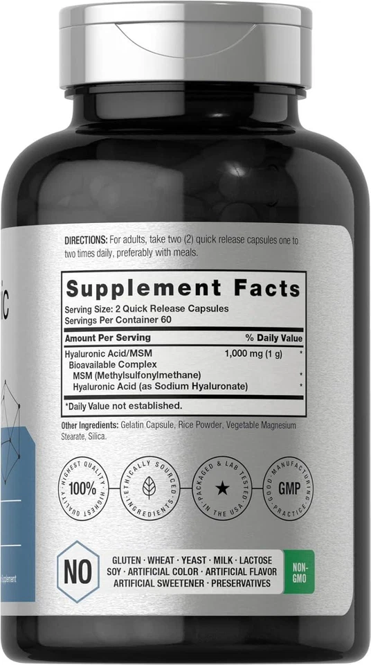 Hyaluronic Acid 1000 Mg With MSM Joint Healthy Skin Support Antioxidant 120 Caps - Image 2 of 4