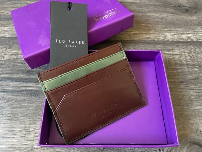 TED BAKER BRAUNES LEDER KARTENETUI MIT KONTRASTBESATZ NEU IN VERPACKUNG