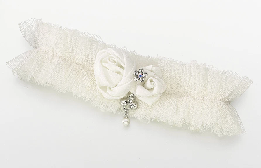 Liguero de tul y satén con joyas - marfil o negro - ligas de novia de boda Foto 2 de 3